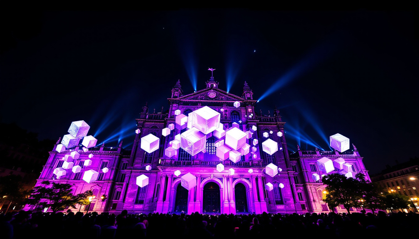 Recherche IA — mapping anamorphique 3D sur façade classique